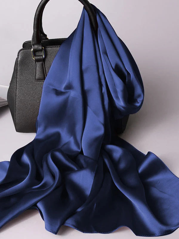 Navy satin scarf/shawl with lustrous drape and soft folds
