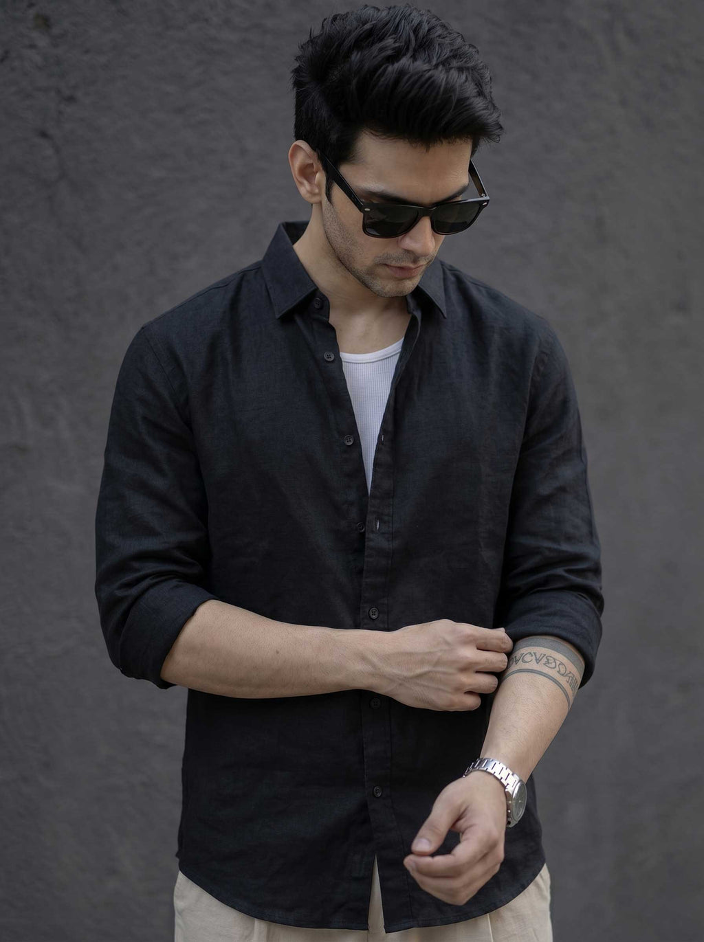 Men's cotton casual shirt, black, collared button-up with cuffs
