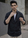 Men's cotton casual shirt, black, button-up front, long sleeves