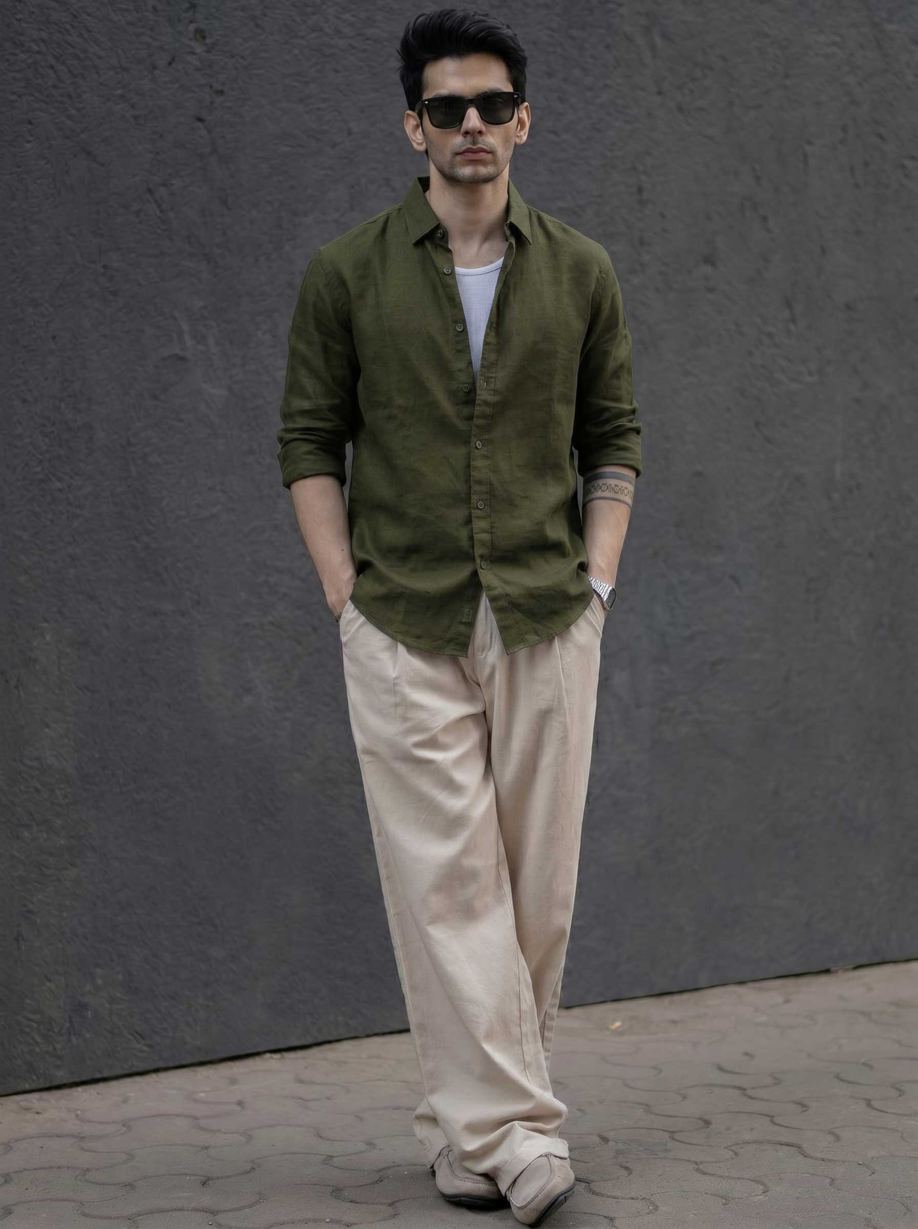 Men's cotton casual shirt, olive, collared button-up with long sleeves