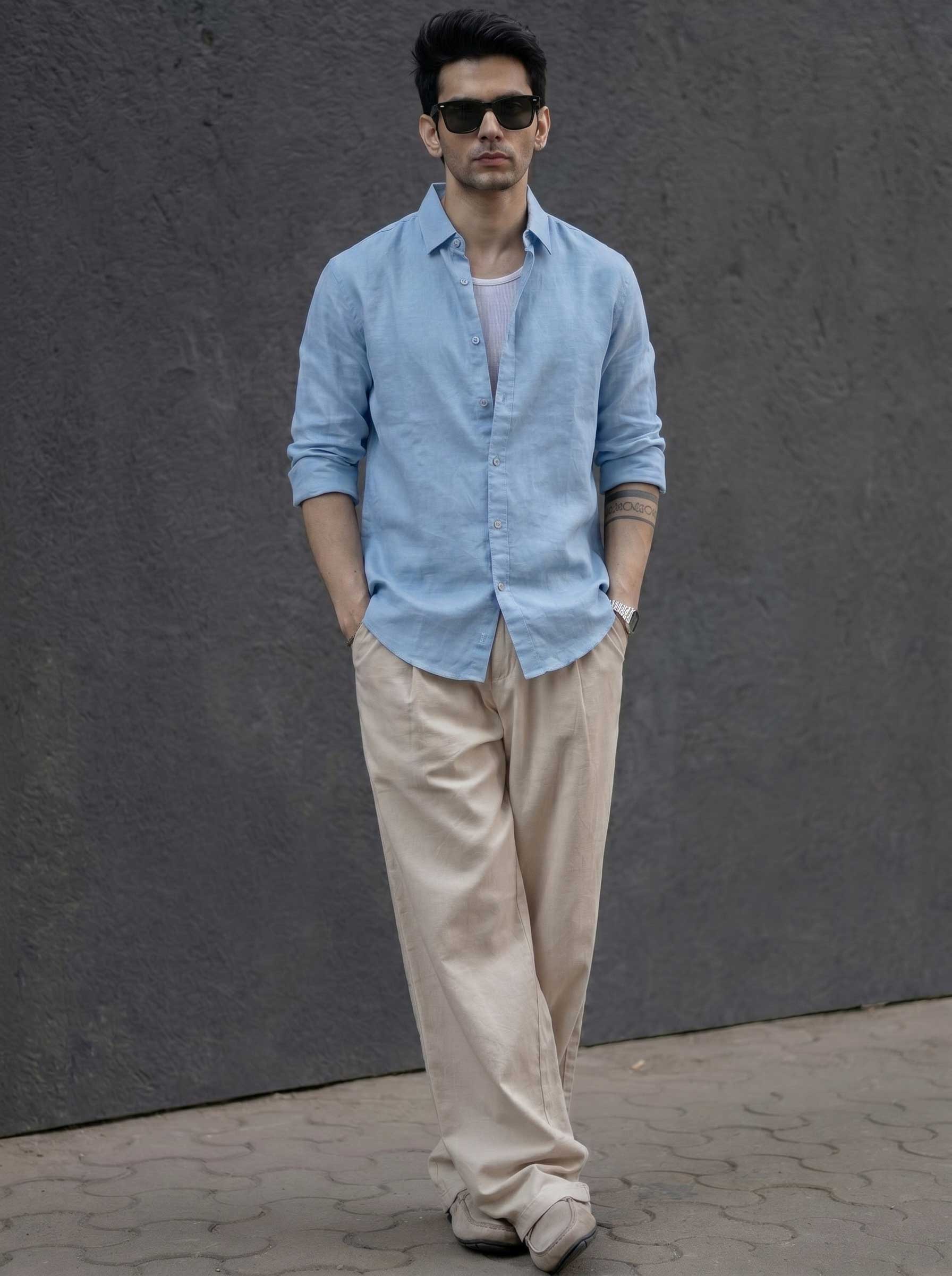 Men's cotton casual shirt, light blue, collared button-up with long sleeves