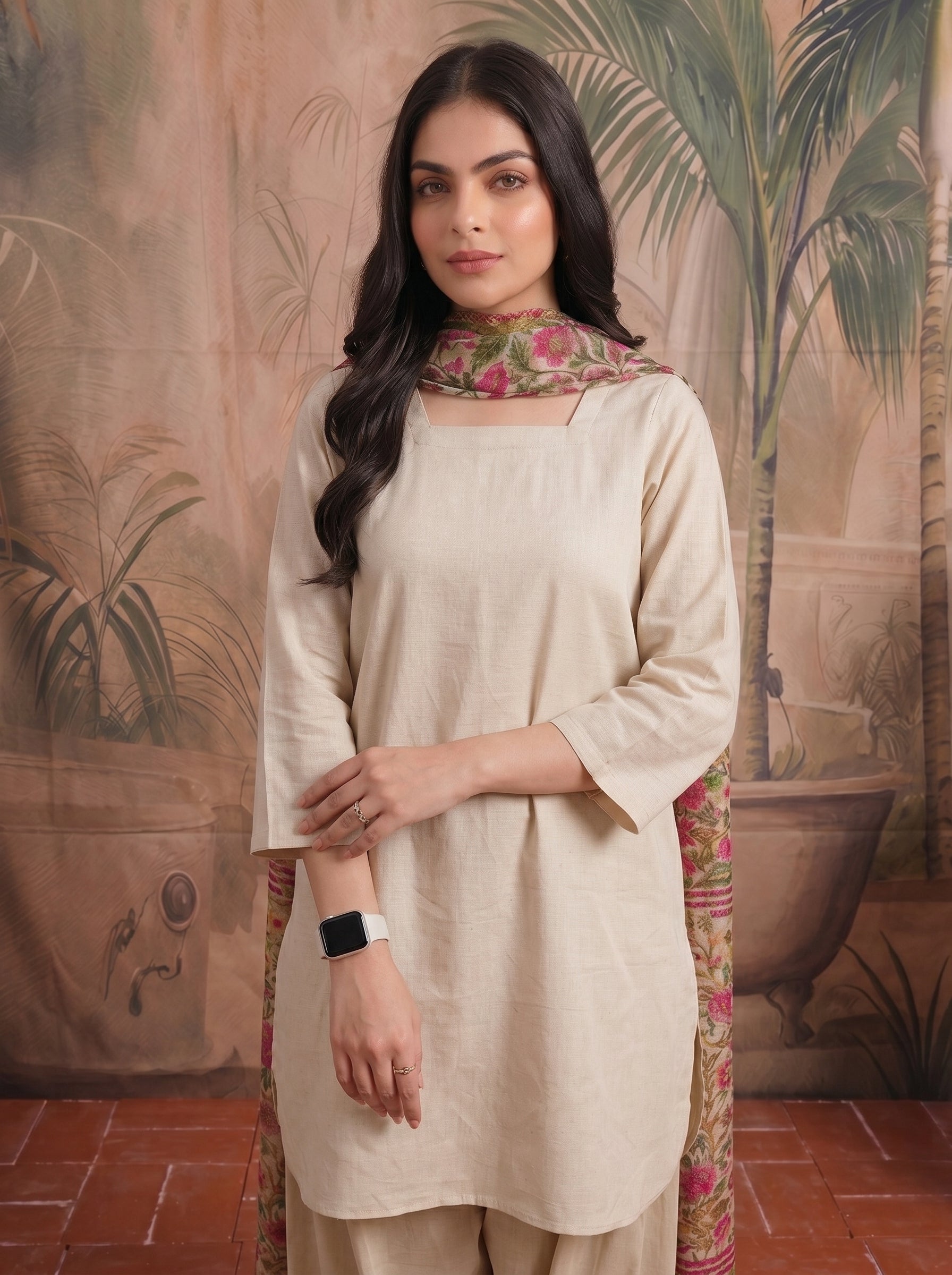 Solid cotton tunic and trouser set, square neck tunic, cuffed sleeves, wide-leg trousers