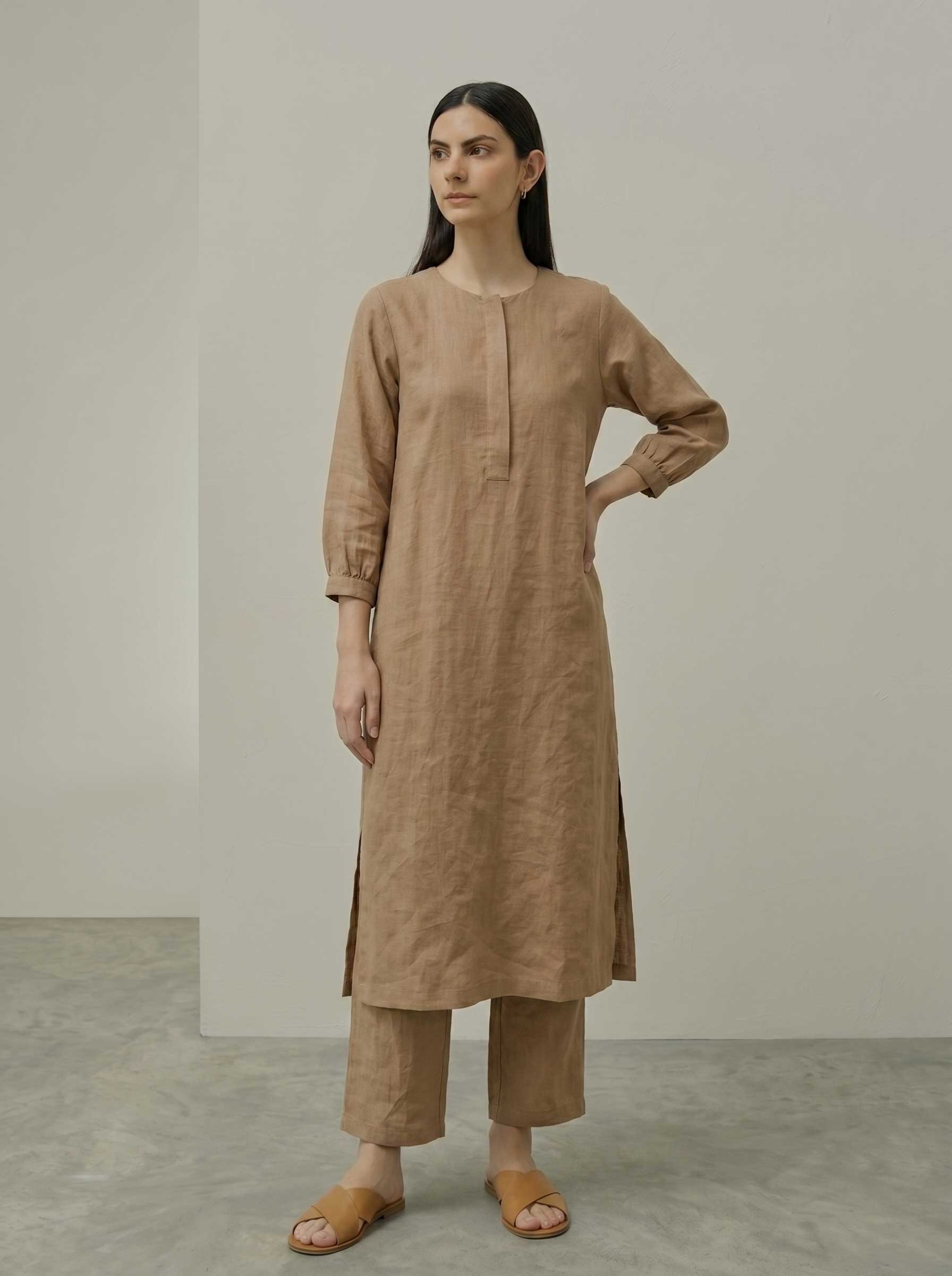 Tan pure linen midi tunic and matching wide-leg pants set, full length