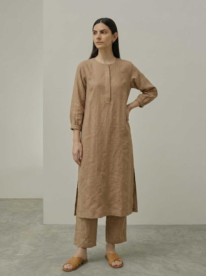 Tan pure linen midi tunic and matching wide-leg pants set, full length