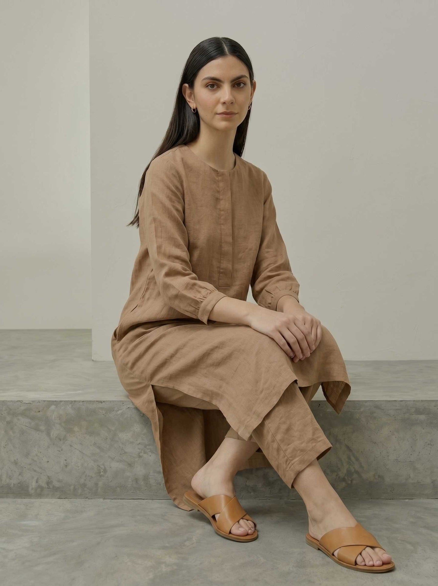 Tan pure linen tunic and matching wide-leg pants set, front view