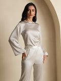 Satin long-sleeve blouse with high neckline and relaxed balloon sleeves, front view
