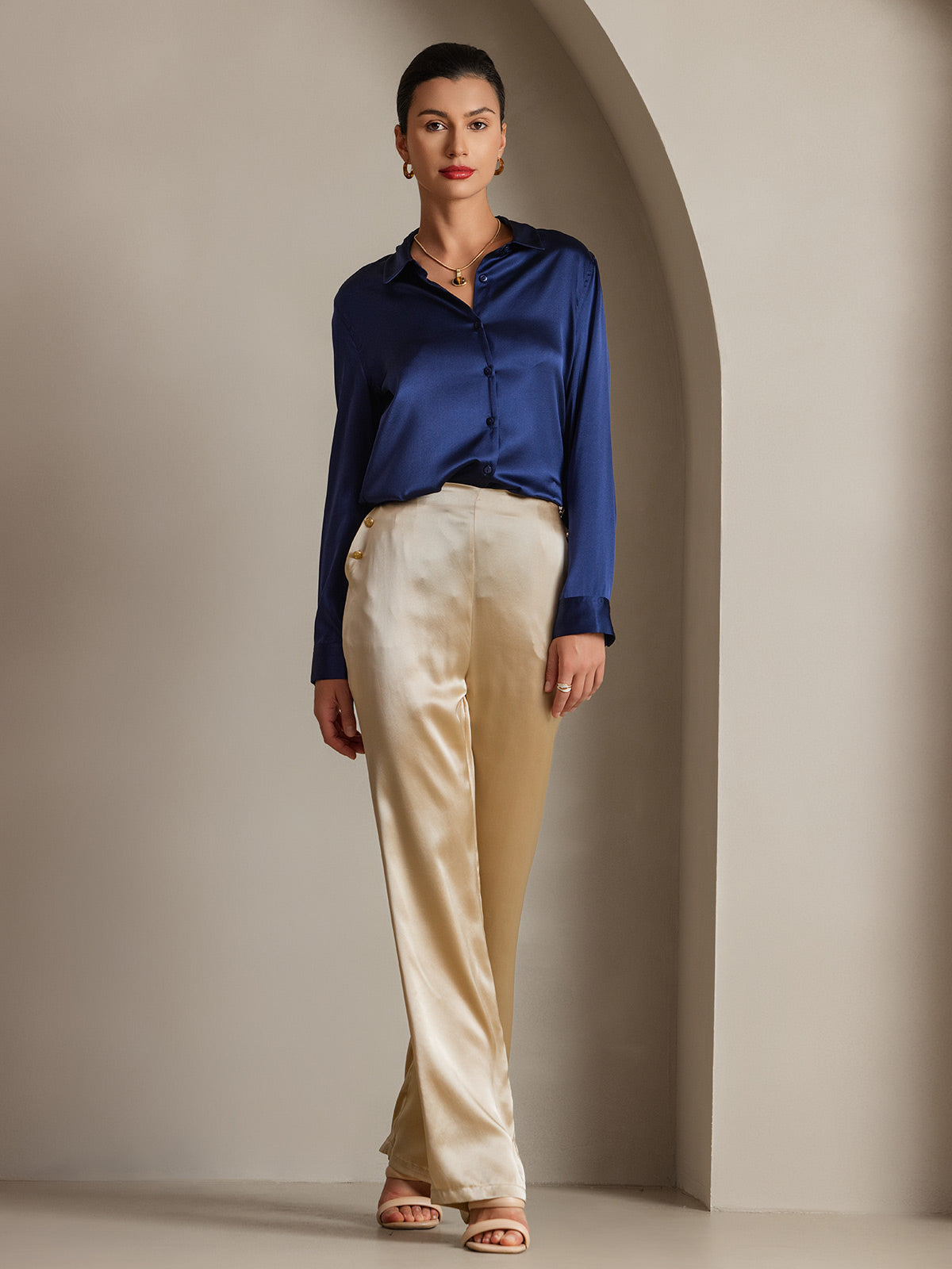 Midnight blue satin button-down shirt with point collar and front button placket