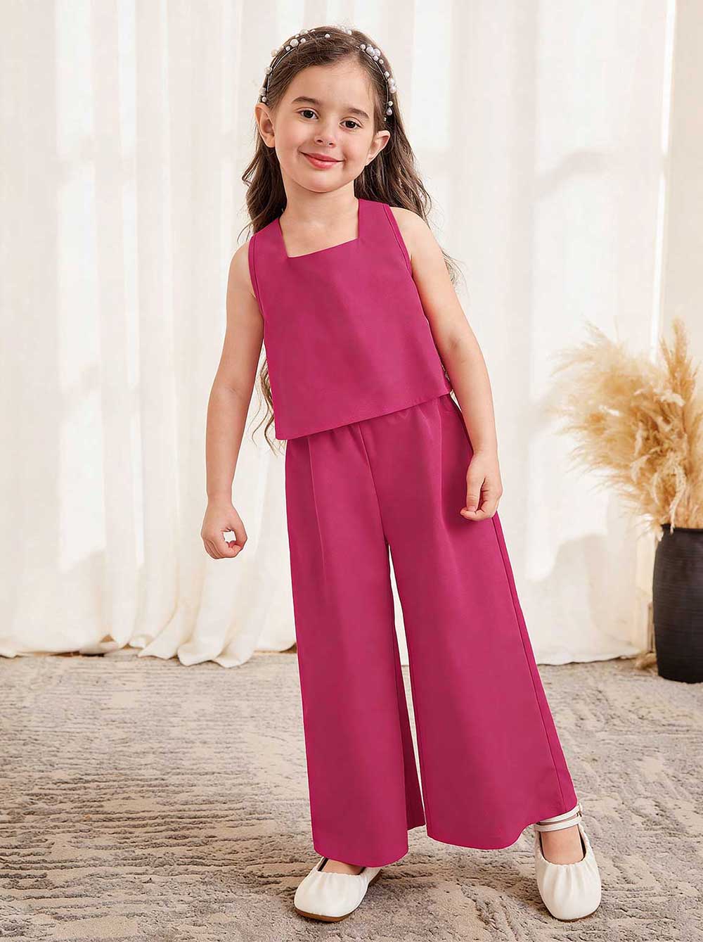 Girls Solid Magenta 2-Piece Cotton Co-Ord Set