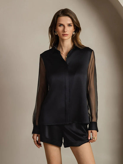 Black silk blouse with sheer organza sleeves, button-front and stand collar