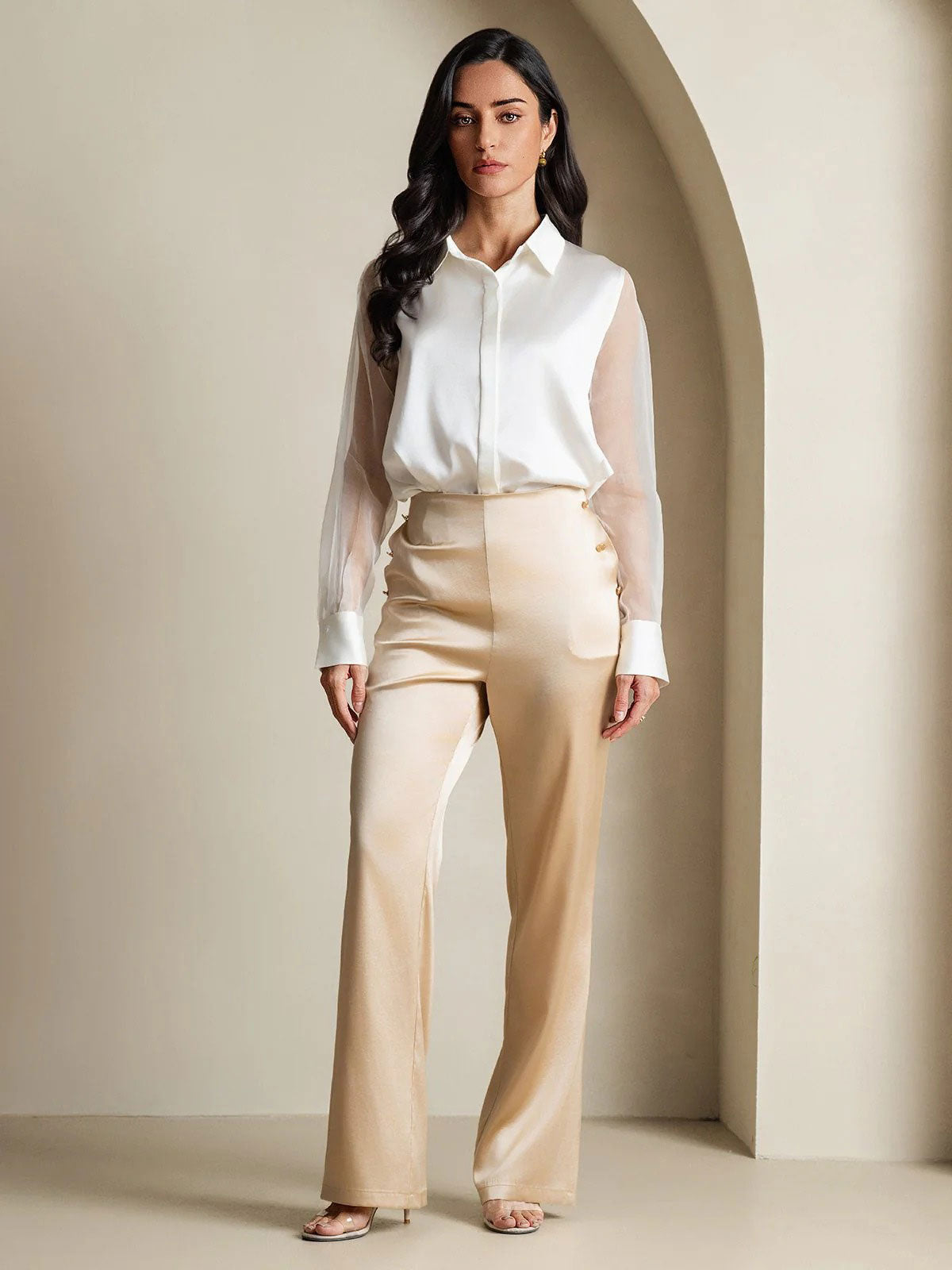 White silk blouse with sheer organza sleeves and button-front closure