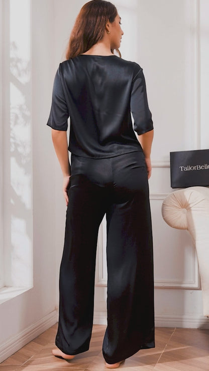 Luxury Black Satin Loungewear Pajama Set for Women