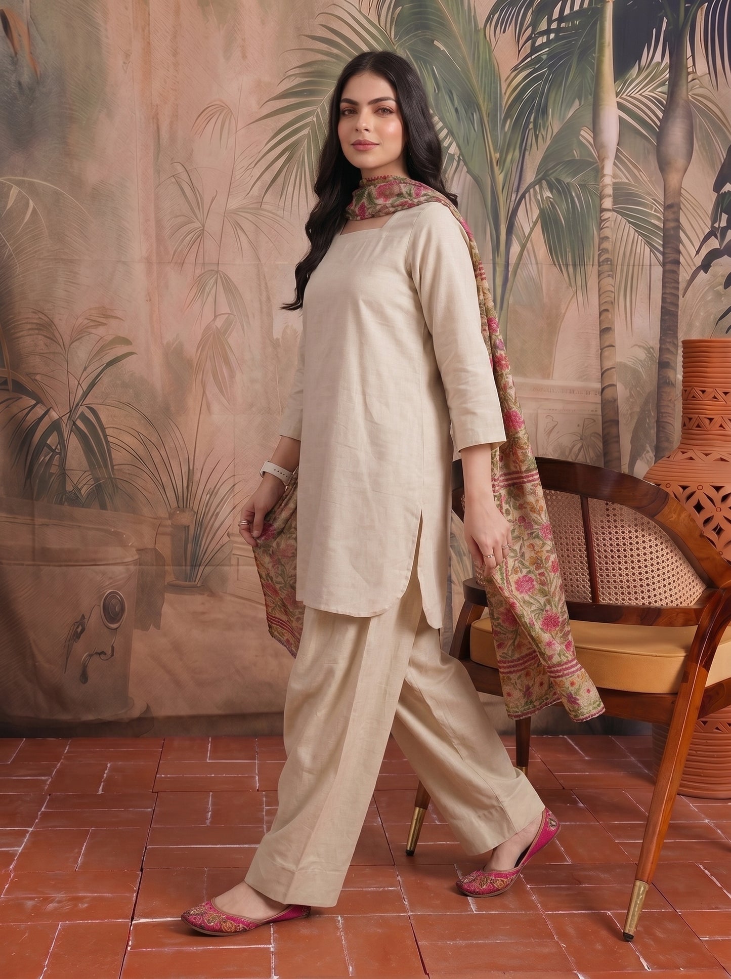 Solid cotton tunic and trouser set, square neck tunic with side slit, wide-leg trousers