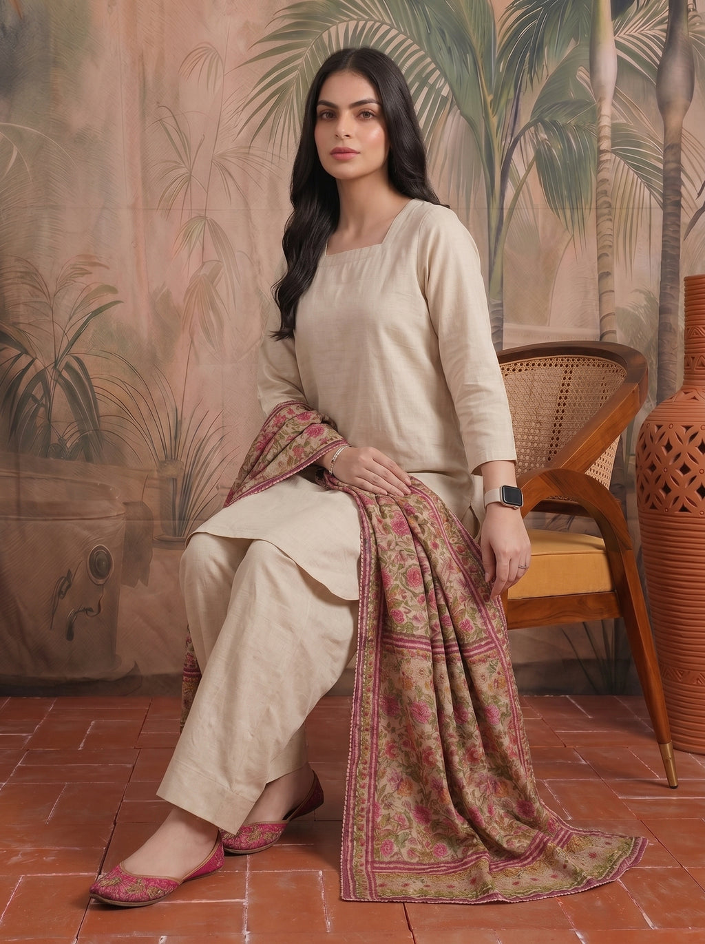 Solid cotton tunic and trouser set, square neck tunic, wide-leg trousers, floral scarf